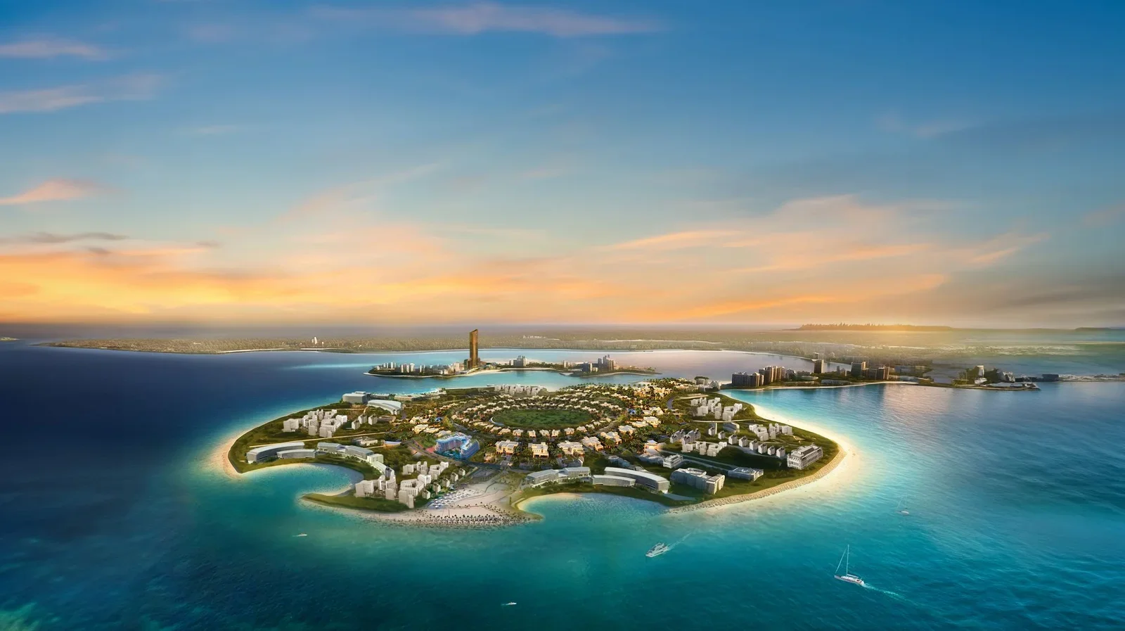 Aerial view of Al Marjan Island at sunset